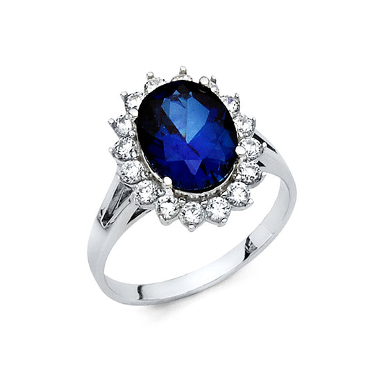14K White Gold Oval Shaped Sapphire Blue CZ Halo Ring