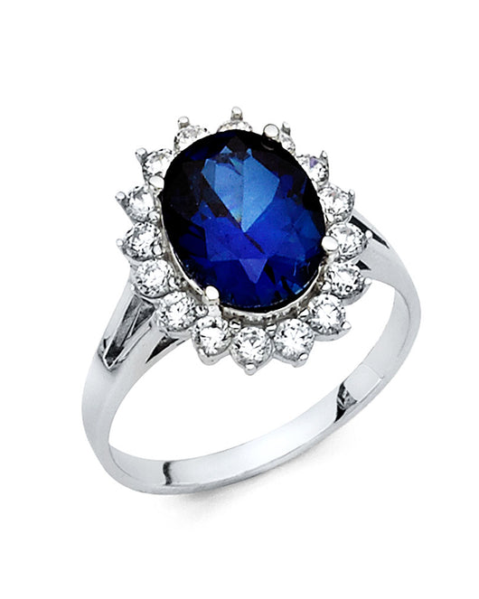 14K White Gold Oval Shaped Sapphire Blue CZ Halo Ring