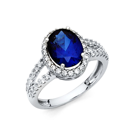 14K White Gold Oval Shaped Sapphire Blue CZ Halo Ring with Split Shank