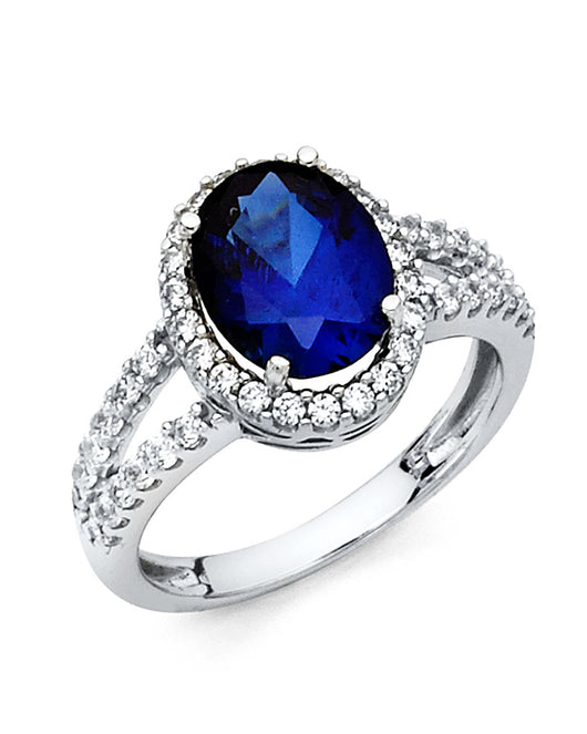 14K White Gold Oval Shaped Sapphire Blue CZ Halo Ring with Split Shank