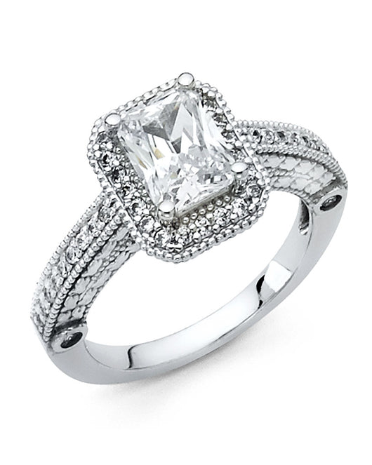 14K White Gold Princess Shaped CZ Double Halo Ring with Split Shank
