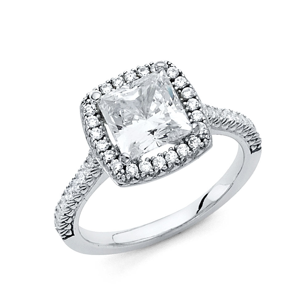 14K White Gold Princess Shaped CZ Halo Ring with Twisted Shank