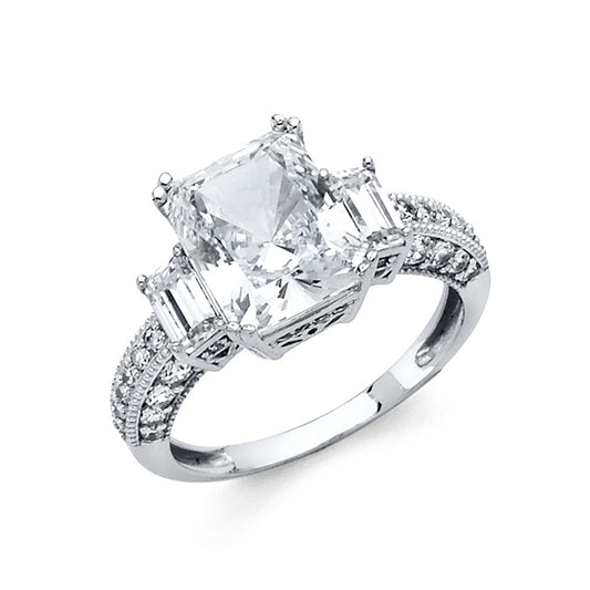 14K White Gold Princess Shaped Three-Stone CZ Ring with Baguette Side Stones