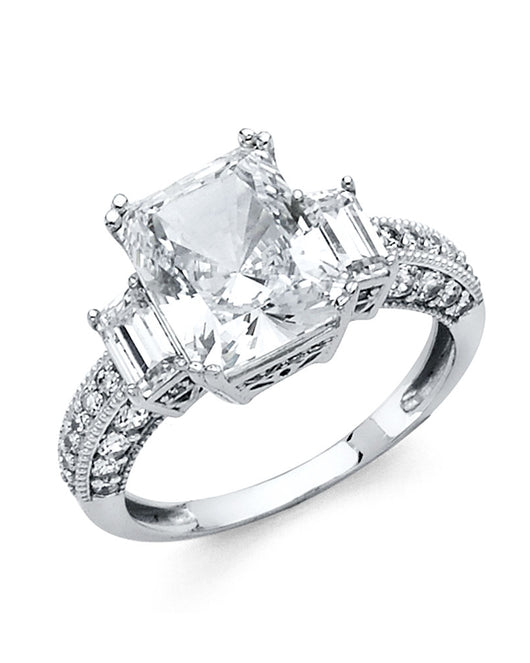 14K White Gold Princess Shaped Three-Stone CZ Ring with Baguette Side Stones
