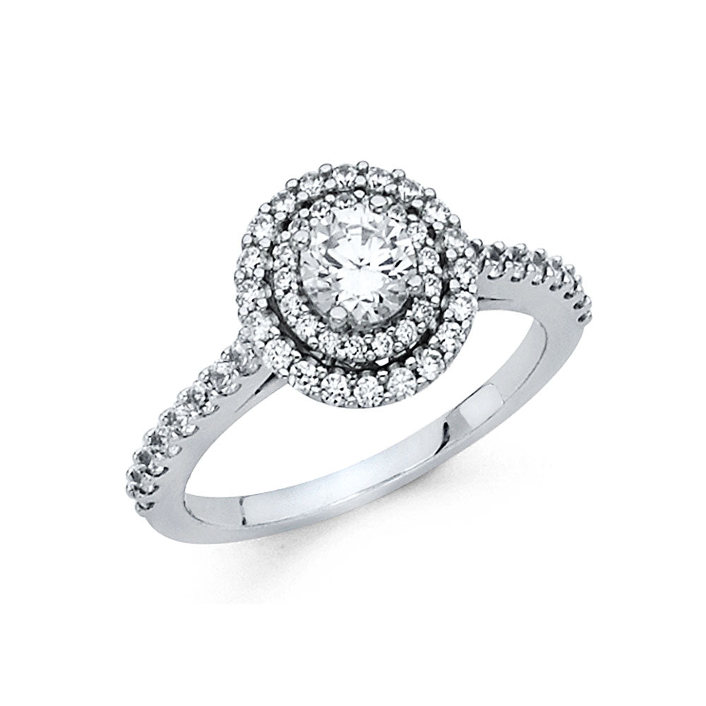 14K White Gold Round Shaped CZ Double Halo Ring with Split Shank