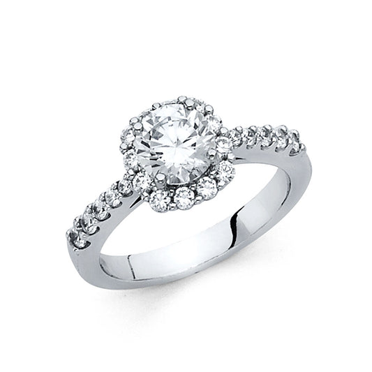 14K White Gold Round Shaped CZ Halo Ring with Pave Shank