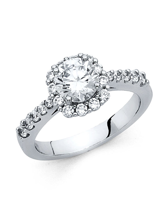14K White Gold Round Shaped CZ Halo Ring with Pave Shank