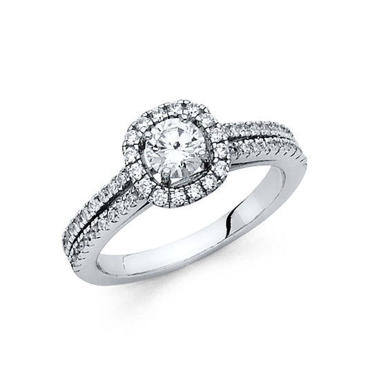 14K White Gold Round Shaped CZ Halo Ring with Split Pave Shank