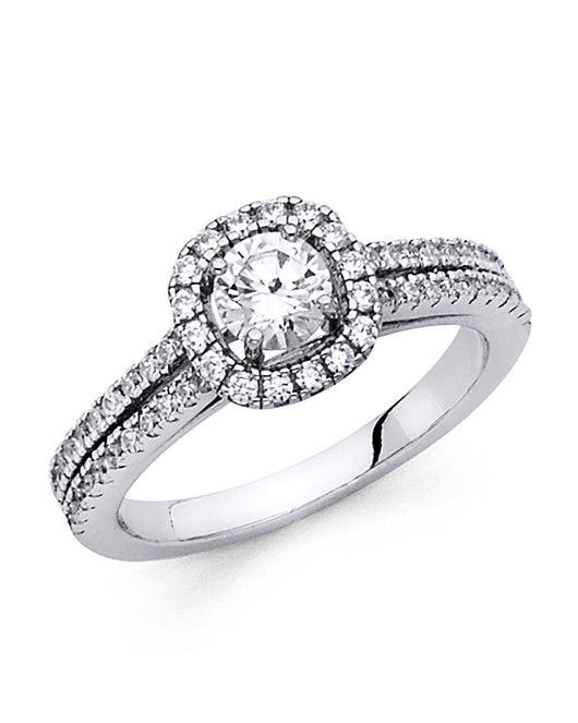 14K White Gold Round Shaped CZ Halo Ring with Split Pave Shank
