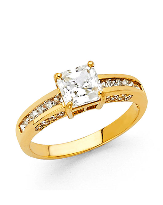 14K Yellow Gold Princess Shaped Solitaire CZ Ring with Channel-Set CZ Accents