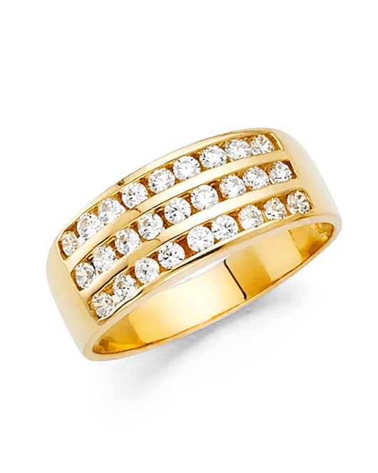 14K Yellow Gold 3-Row Round CZ Wedding Band