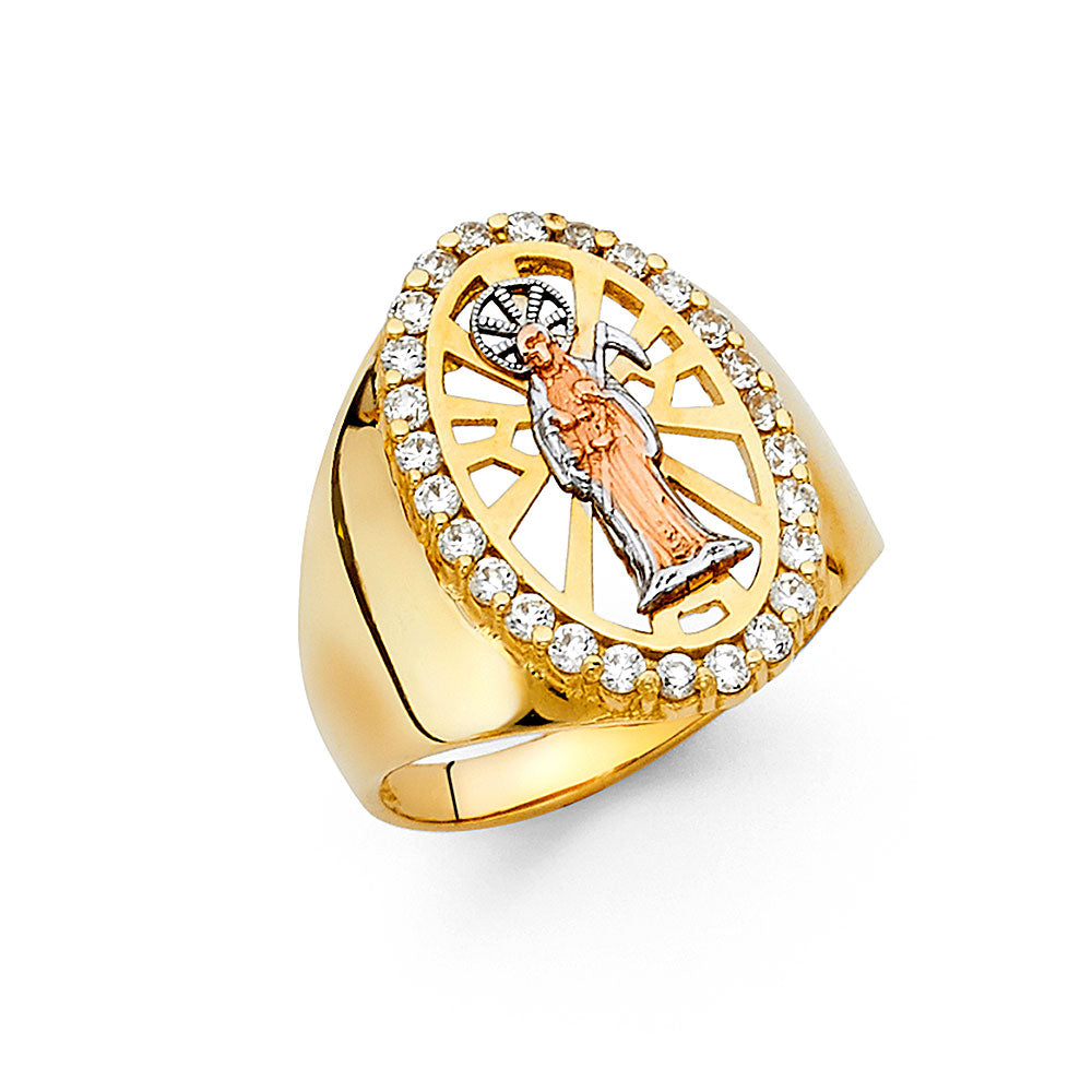 14K Tri-Color Gold Santa Muerte Design Men's CZ Ring