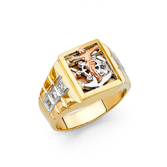 14K Tri-Color Gold Men’s Crucifix Anchor Design Ring with CZ