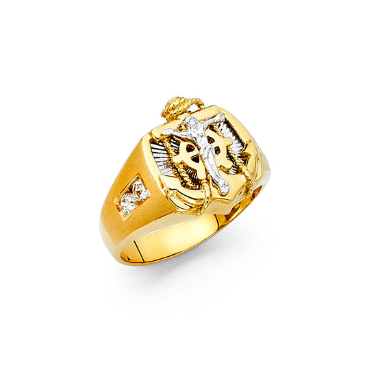 14K Two-Tone Gold Anchor and Crucifix Ring with Cubic Zirconia Designed for Women, Teen, and Children.
