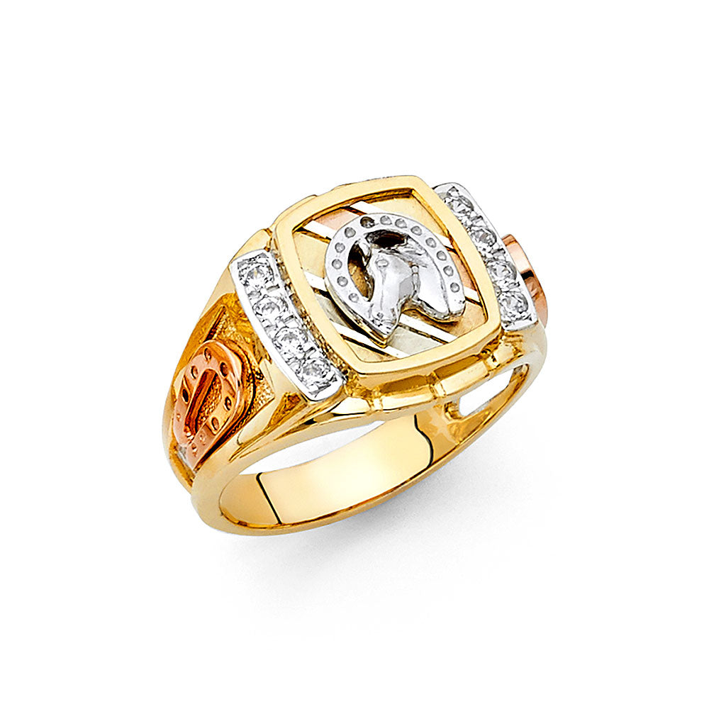 14K Tri-Color Gold Men’s Horseshoe Design CZ Ring