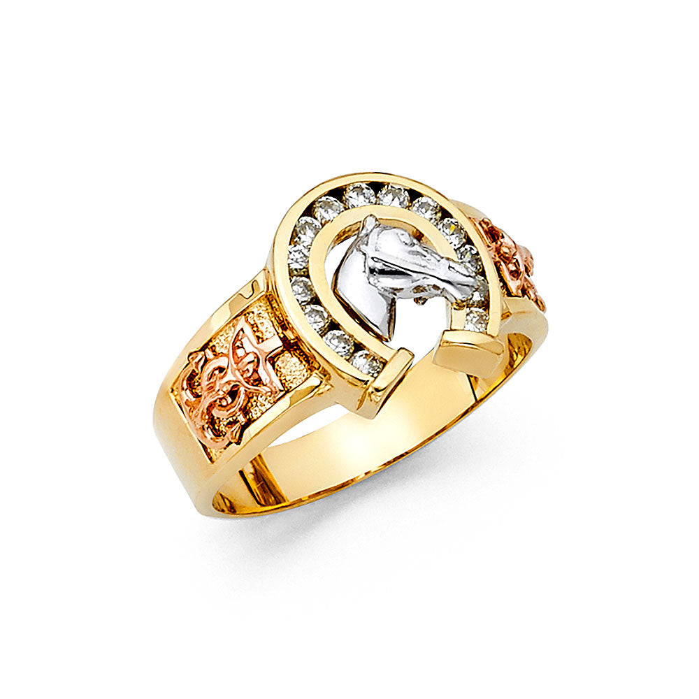14K Tri-Color Gold Men’s Horseshoe Design CZ Ring