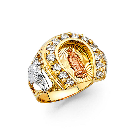 14K Tri-Color Gold Men’s Horseshoe Guadalupe Design CZ Ring