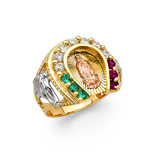 14K Tri-Color Gold Men’s Guadalupe Design Ring with Mexican Flag CZ Stones