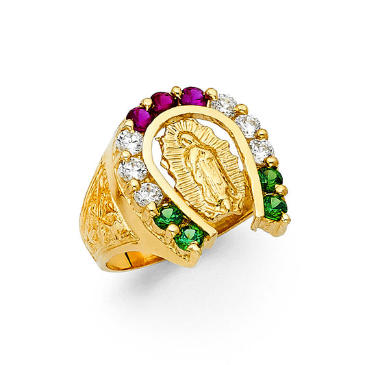 14K Yellow Gold Men’s Guadalupe Design Ring with Mexican Flag CZ Stones