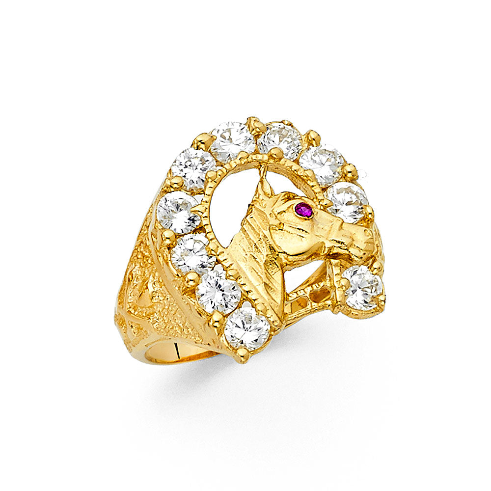 14K Yellow Gold Men’s Horseshoe Design Horse Head CZ Ring