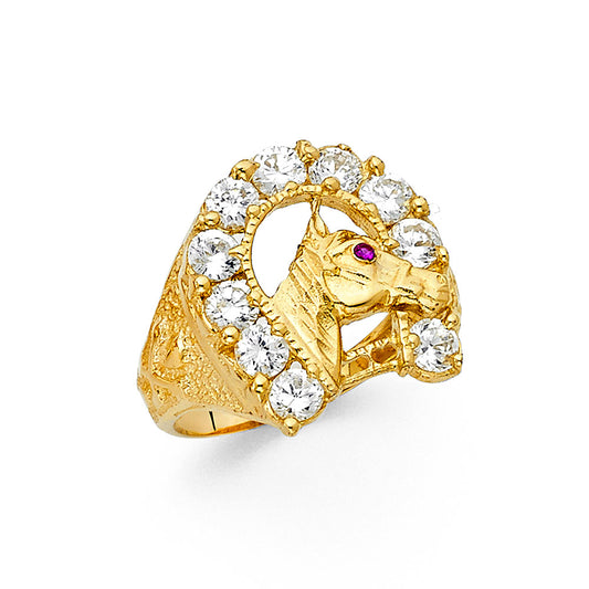 14K Yellow Gold Men’s Horseshoe Design Horse Head CZ Ring