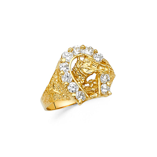 14K Yellow Gold Men’s Horseshoe Design Horse Head CZ Ring