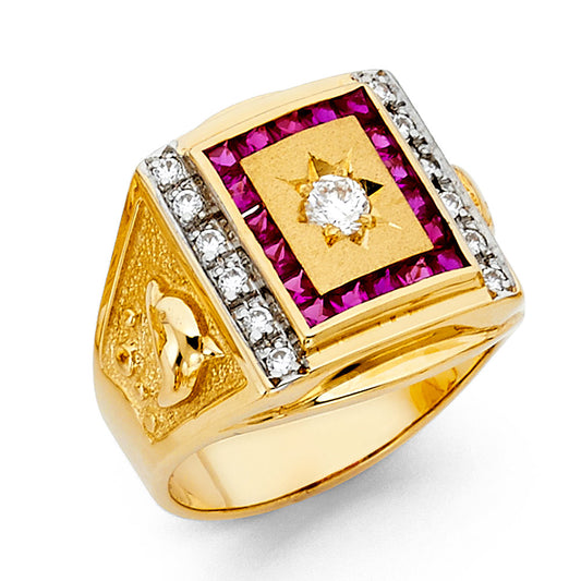 14K Yellow Gold Men’s Signet Design Ring accented with Ruby-Color and Clear Cubic Zirconia