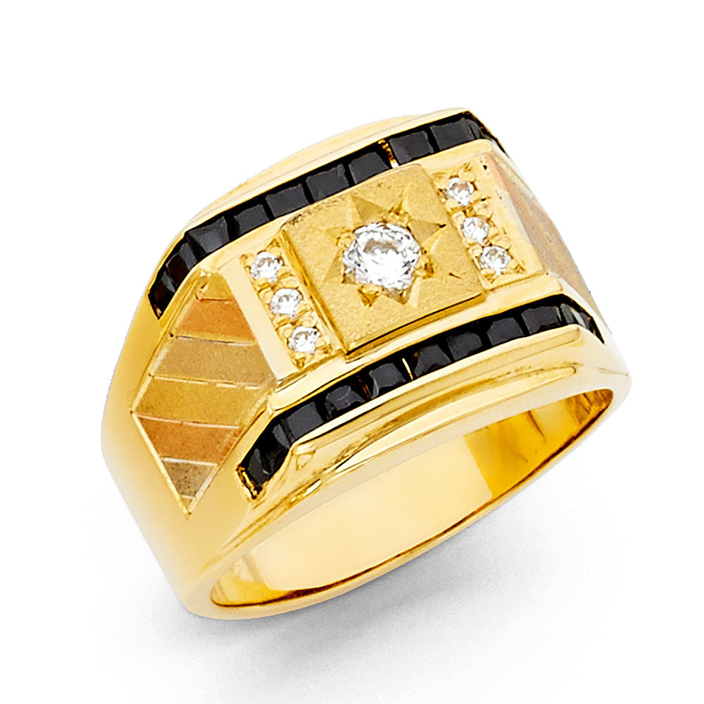 14K Yellow Gold Men’s Signet Design Dark Blue & White CZ Ring