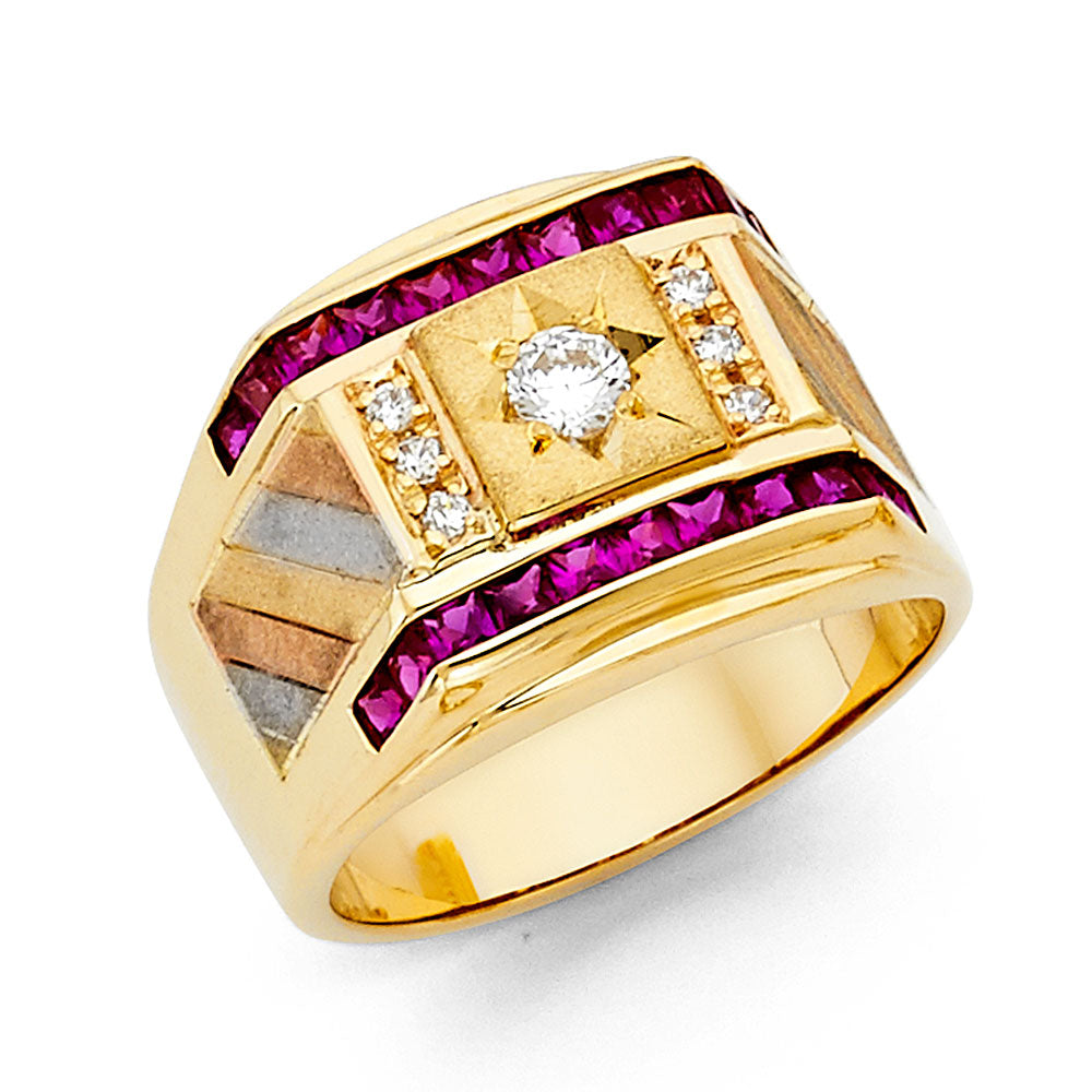 14K Tri-Color Gold Men’s Signet Design Ruby-Color & White CZ Ring