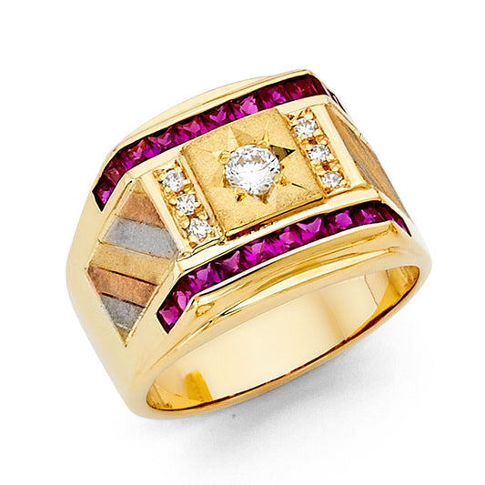 14K Tri-Color Gold Men’s Signet Design Ruby-Color & White CZ Ring