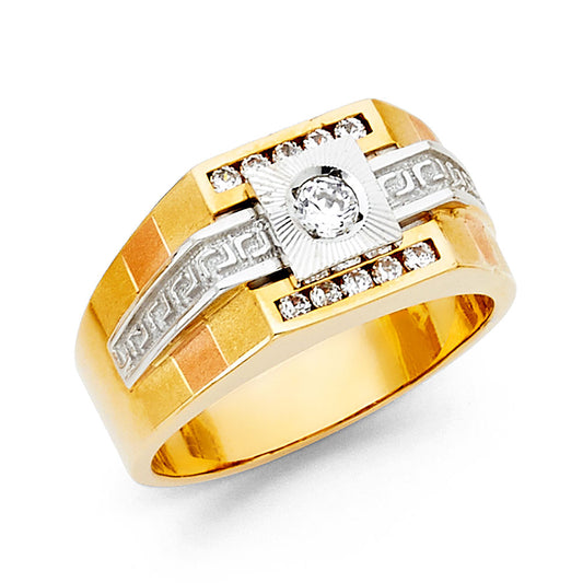 14K Tri-Color Gold Men’s Greek-Key Design CZ Ring