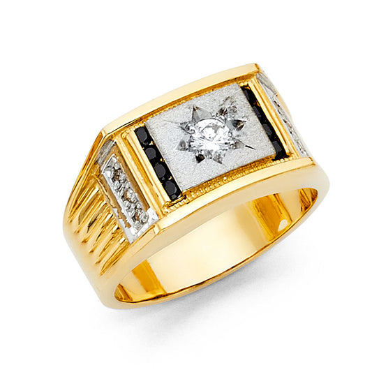 14K Two-Tone Gold Men’s Rectangle Design Ring with Sappire-Colored CZ Accents