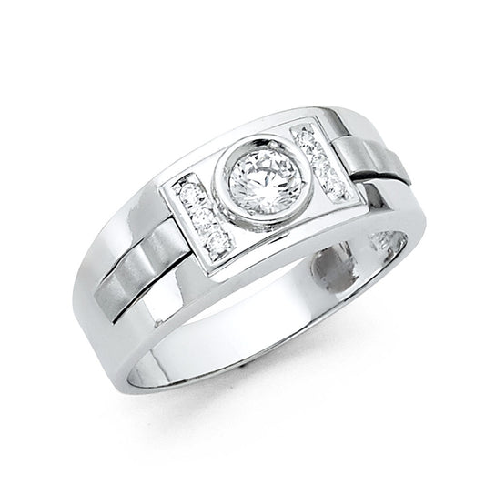 14K White Gold Men’s Round Bezel Design Ring with CZ Accents