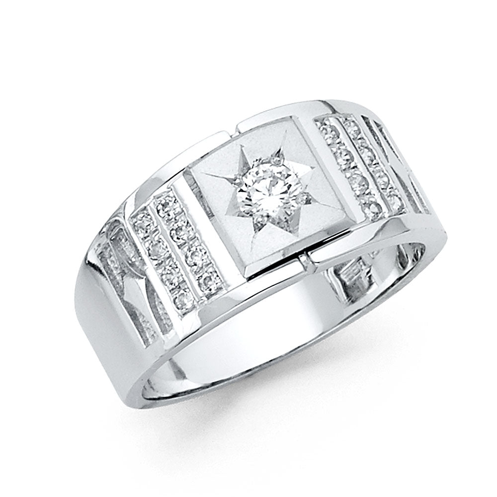 14K White Gold Men’s Starburst Design Ring with CZ Accents