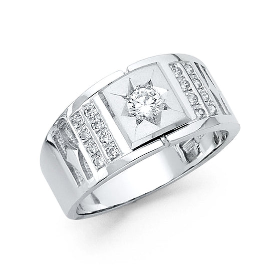 14K White Gold Men’s Starburst Design Ring with CZ Accents