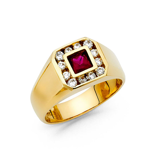 14K Yellow Gold Men's Ring with Synthetic Princess-Cut Ruby and Cubic Zirconia