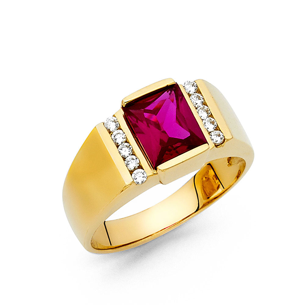 14K Yellow Gold Men’s Square Cut Synthetic Red Ruby CZ Center Ring
