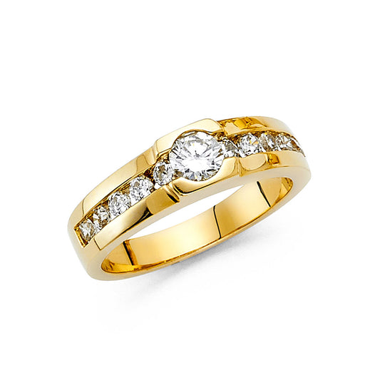 14K Yellow Gold Men's Ring / Men's Wedding Band with Round Cubic Zirconia Center and Channel-Set Cubic Zirconia