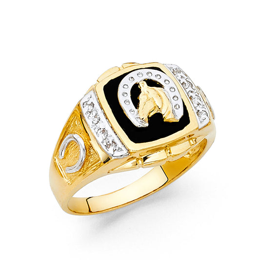 14K Two-Tone Gold Men’s Onyx Horse and Horseshoe CZ Ring