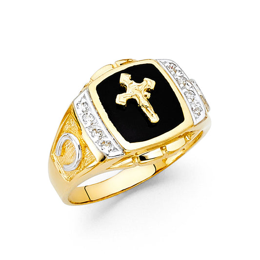 14K Two-Tone Gold Men’s Onyx CZ Ring with Cross Design