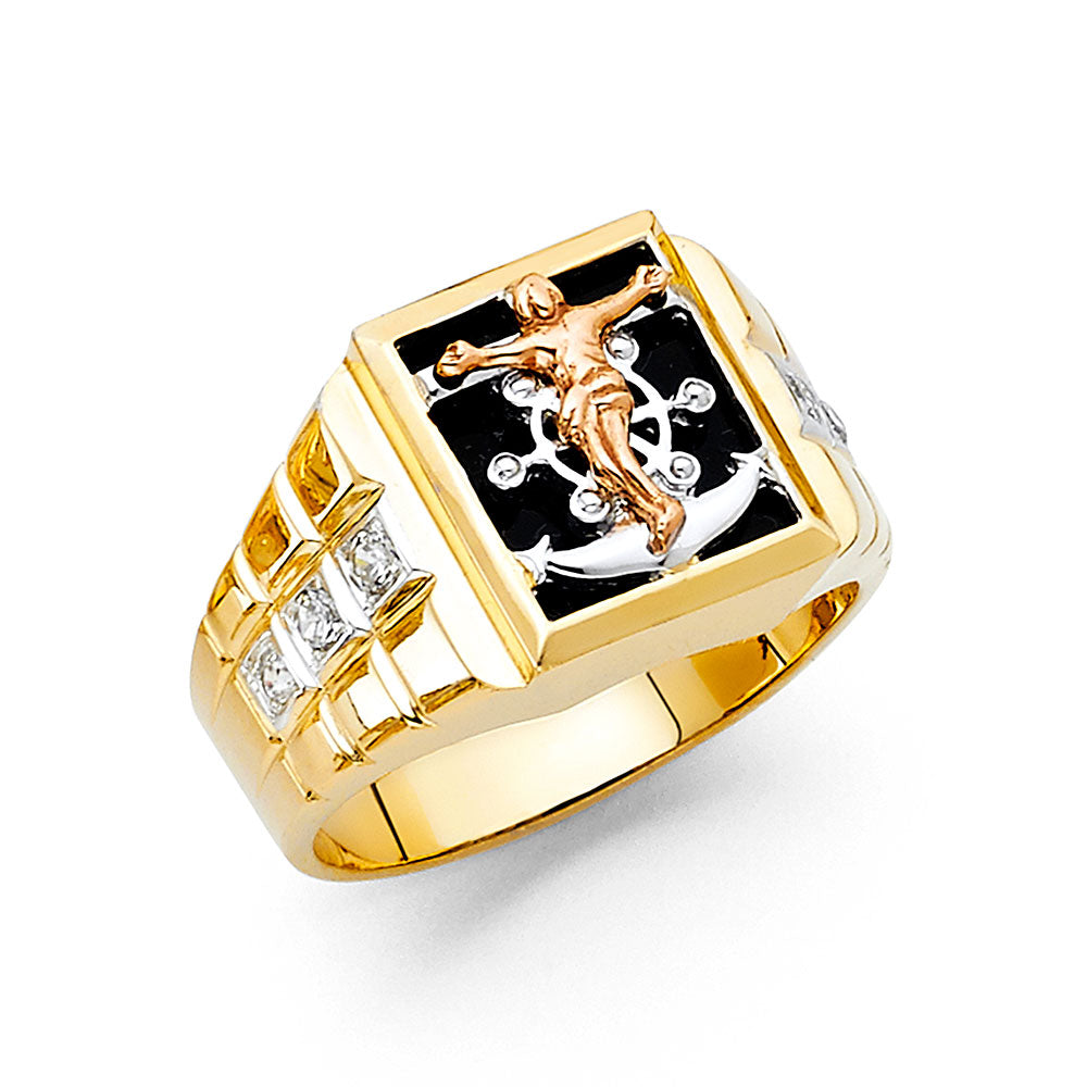 14K Two-Tone Gold Men’s Onyx CZ Crucifix Anchor Ring