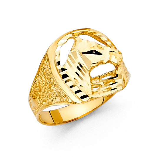 14K Yellow Gold Men’s Horseshoe Design Horse Head Ring