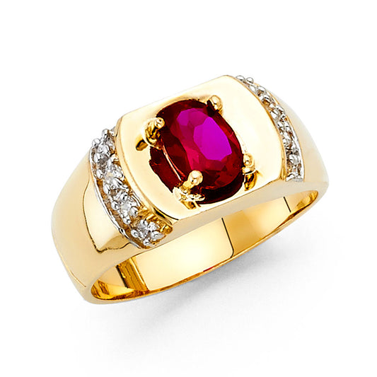 14K Yellow Gold Men's Ring with Synthetic Oval-Cut Ruby and Cubic Zirconia