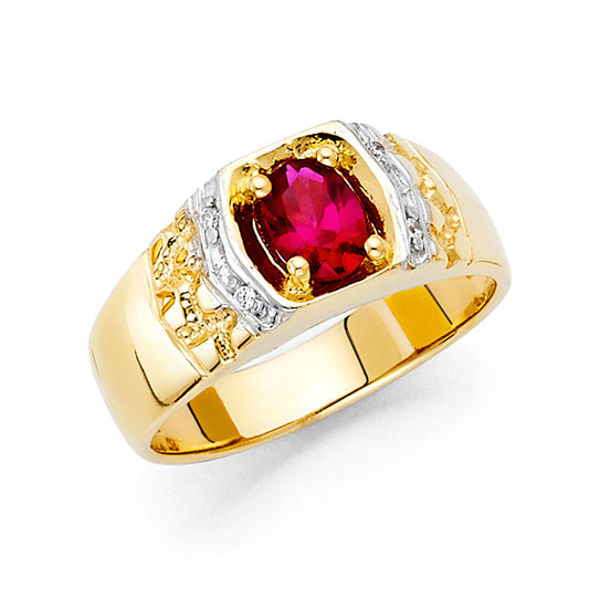 14K Two-Tone Gold Men's Ring with Synthetic Oval Red Stone, Cubic Zirconia Accents, and Nugget Design