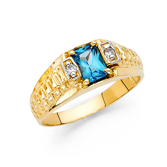 14K Yellow Gold Men's Ring with Synthetic Princess-Cut Blue Zircon Stone, Cubic Zirconia Accents, and Nugget Design