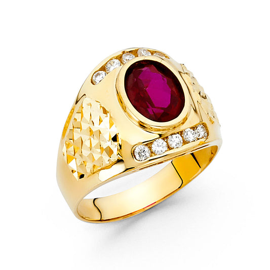 14K Yellow Gold Men’s Oval Cut Synthetic Red Ruby CZ Center Ring