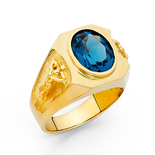 14K Yellow Gold Men’s Oval Cut Synthetic Sapphire Blue CZ Center Ring