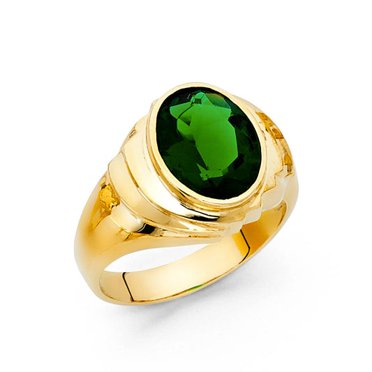 14K Yellow Gold Men’s Oval Cut Synthetic Emerald Green CZ Nugget Design Ring