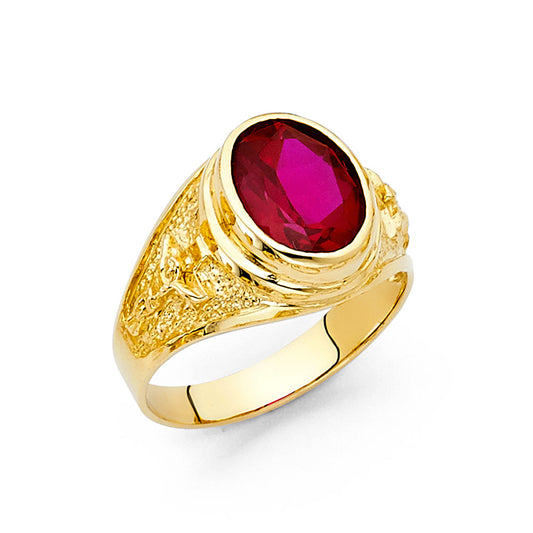 14K Yellow Gold Men’s Oval Cut Synthetic Red Ruby CZ Design Ring with Crucifix Design