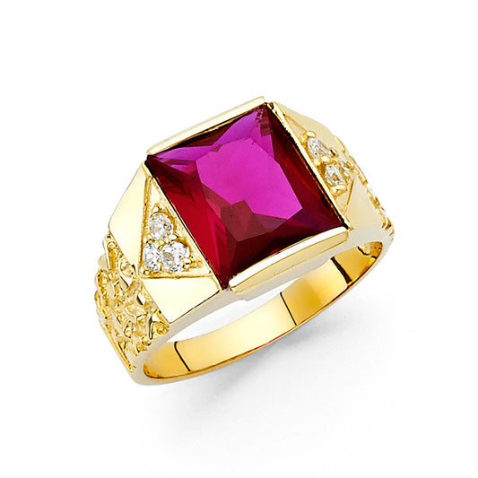 14K Yellow Gold Men’s Square Synthetic Red Ruby CZ Ring